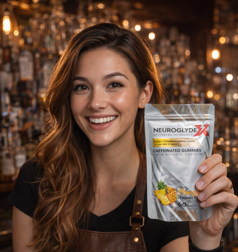 bartender holding a pack of Neurolydex after a long night